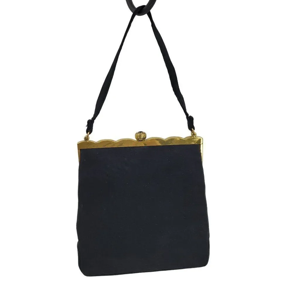 Vintage 60s Formal Evening Bag Black Gold Scalloped Trim Push Lock Clasp USA‎